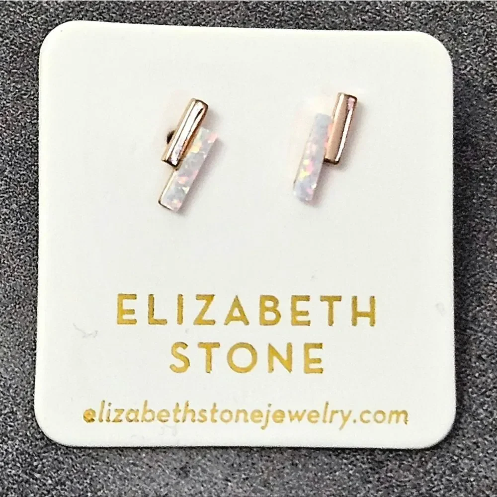 Elizabeth Stone Opal Rose Gold Mod Bar Earrings NEW